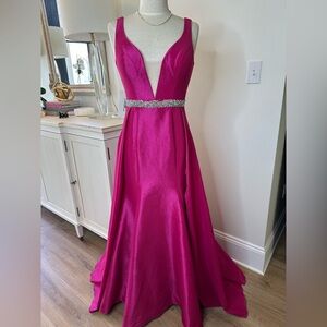 Jovani Pageant Dress - Pink Plunge Neck Evening Gown with Rhinestone Waist